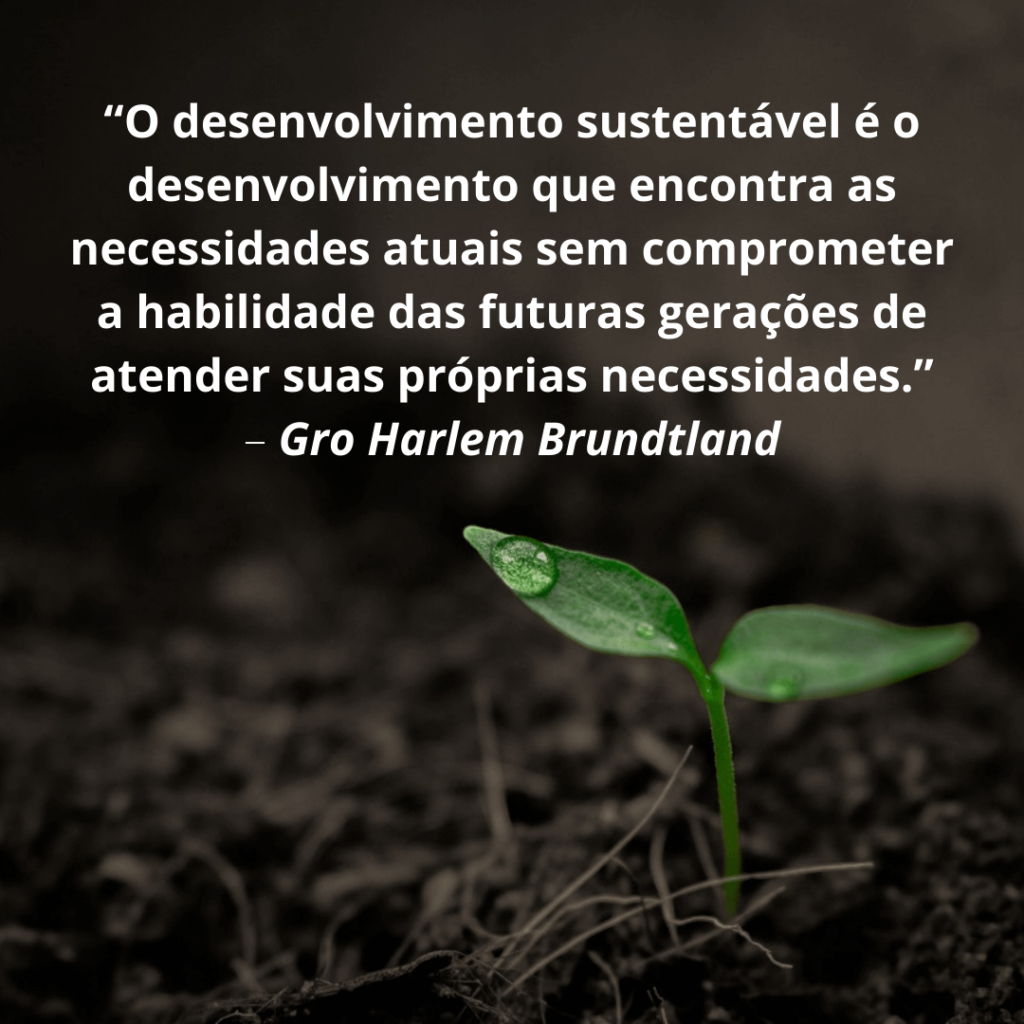 “O desenvolvimento sustentável é o desenvolvimento que encontra as necessidades atuais sem comprometer a habilidade das futuras gerações de atender suas próprias necessidades.” – Gro Harlem Brundtland