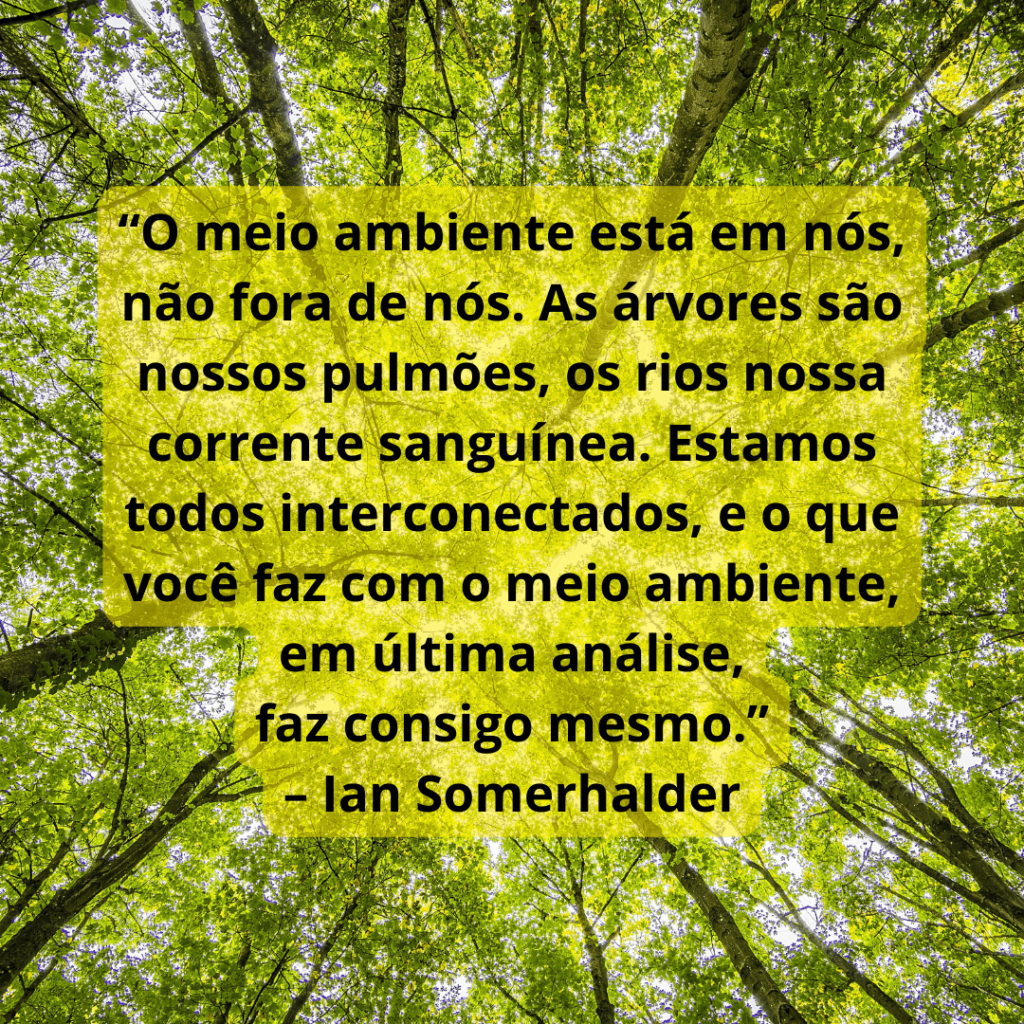 “O meio ambiente está em nós, não fora de nós. As árvores são nossos pulmões, os rios nossa corrente sanguínea. Estamos todos interconectados, e o que você faz com o meio ambiente, em última análise, faz consigo mesmo.” – Ian Somerhalder
